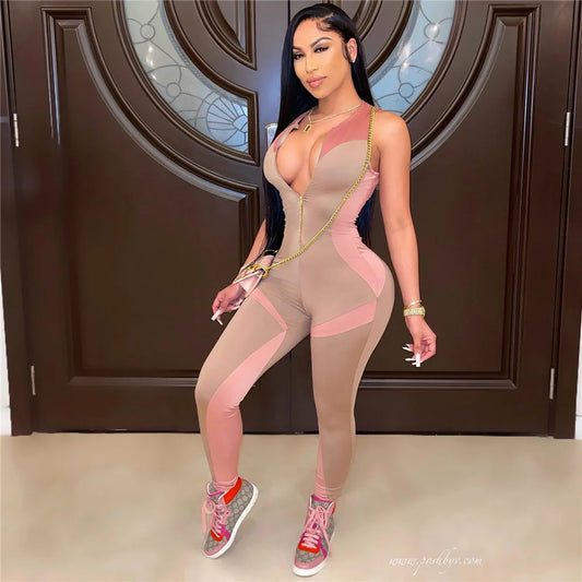 Front Zip up Workout Activewear Bodycon Jumpsuits Women Overalls Female Sporty Fitness One Piece Jumpsuit Casual Skinny Rompers