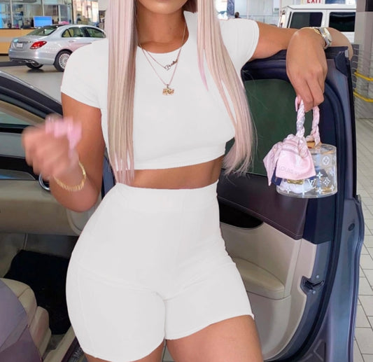 Women white 2 piece crop top shorts sets