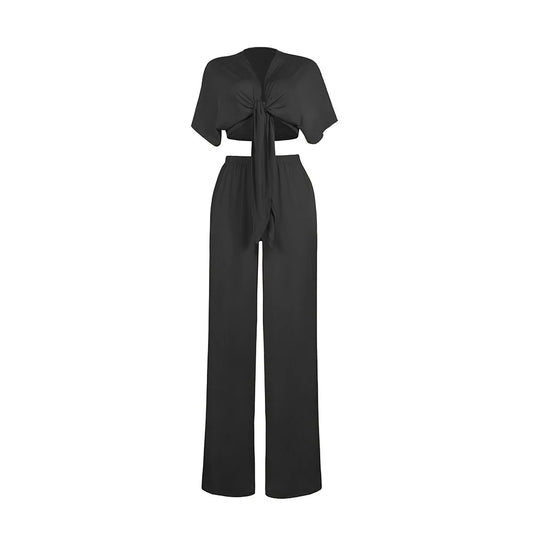 Women Loose Wide Leg Pants Bandage Lace up Crop Top 2 Piece Set for Female Women V-Neck Short Sleeve Two Piece Set Women'S Suits