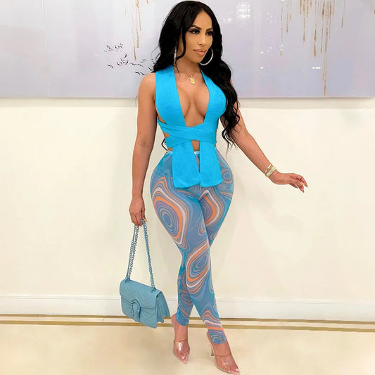 Sexy Two Piece Outfits for Women Club Wear Co Ord Sets Knitted Bandage Tops and Printed Leggings Party Matching Sets Undefined