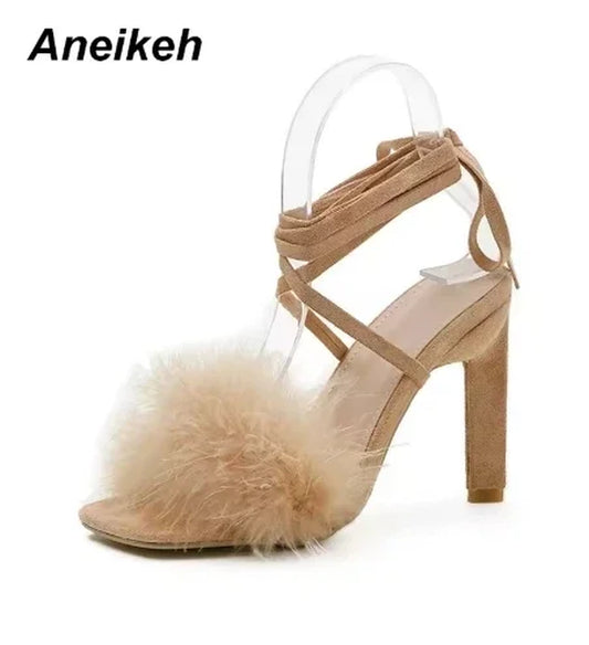 Aneikeh NEW Summer Rome Fashion Furry Cross-Tied Women Pumps 2025 Sexy 11CM Thin High Heel Lace-Up Dress Party Ladies Sandals